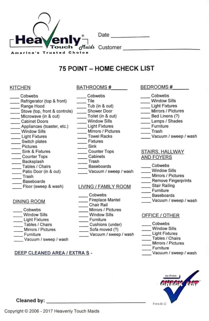 HeavenlyTouchMaids.com 75 Points Home Check List